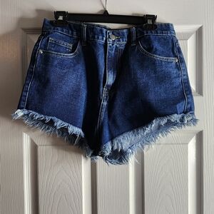 PrettyLittleThing Dark Blue Frayed Jean Shorts